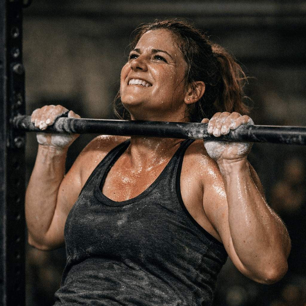 Athlete doing pull-ups on a rig in a gym